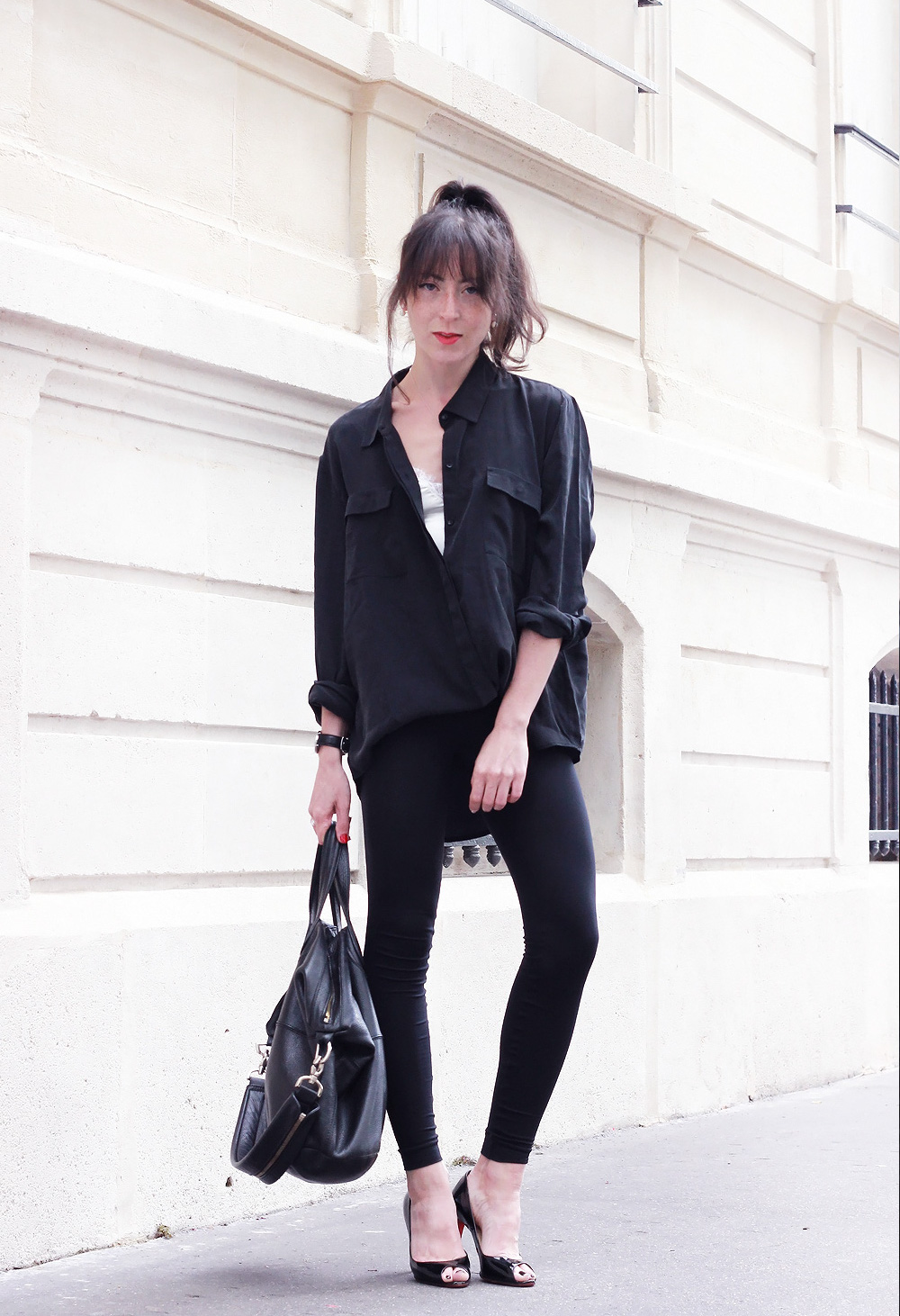 Anine-Bing-Silk-Shirt-Wolford-Leggings-Givenchy-Bag-Louboutin-Heels