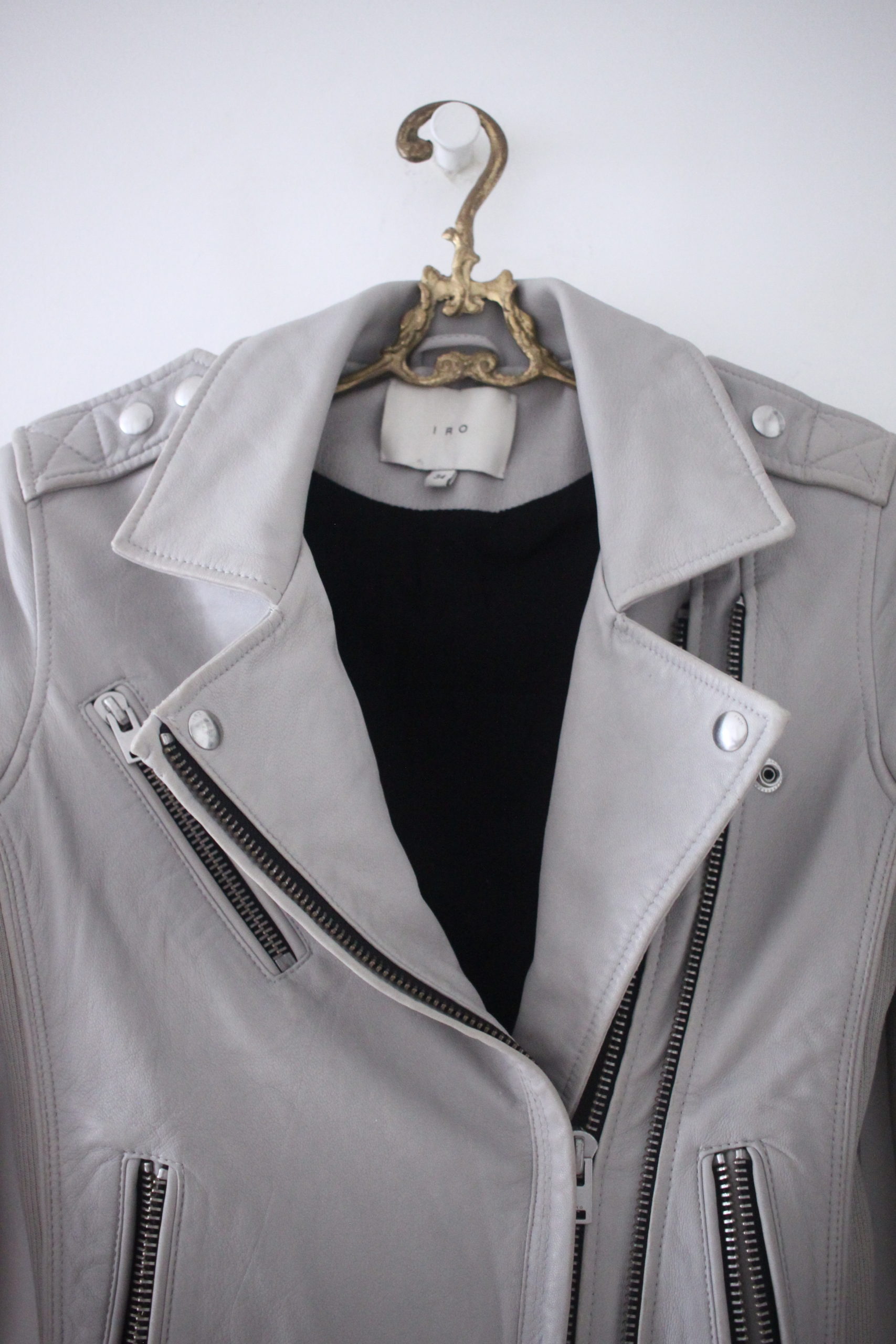 IRO light grey green pastel leather biker jacket collar