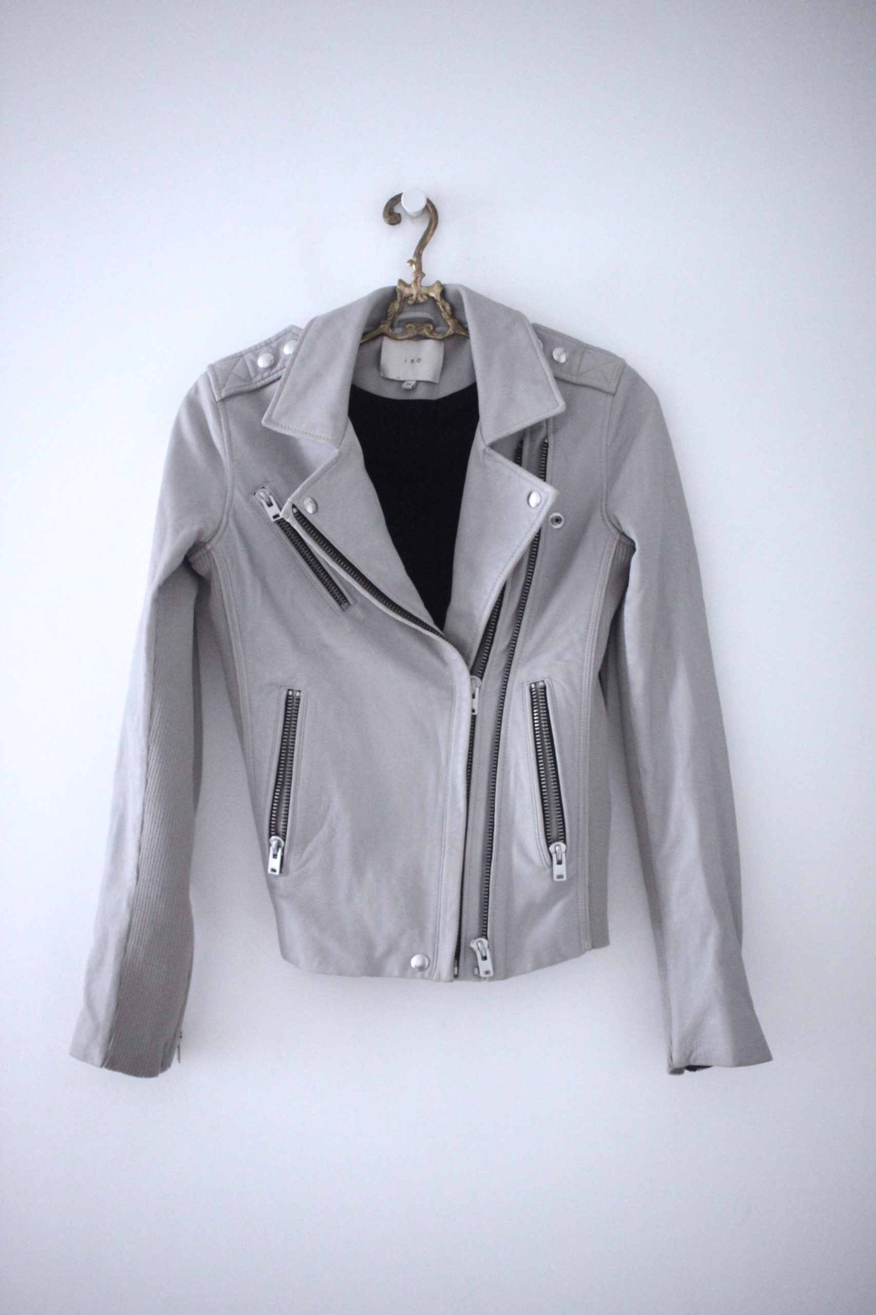 IRO light grey green pastel leather biker jacket