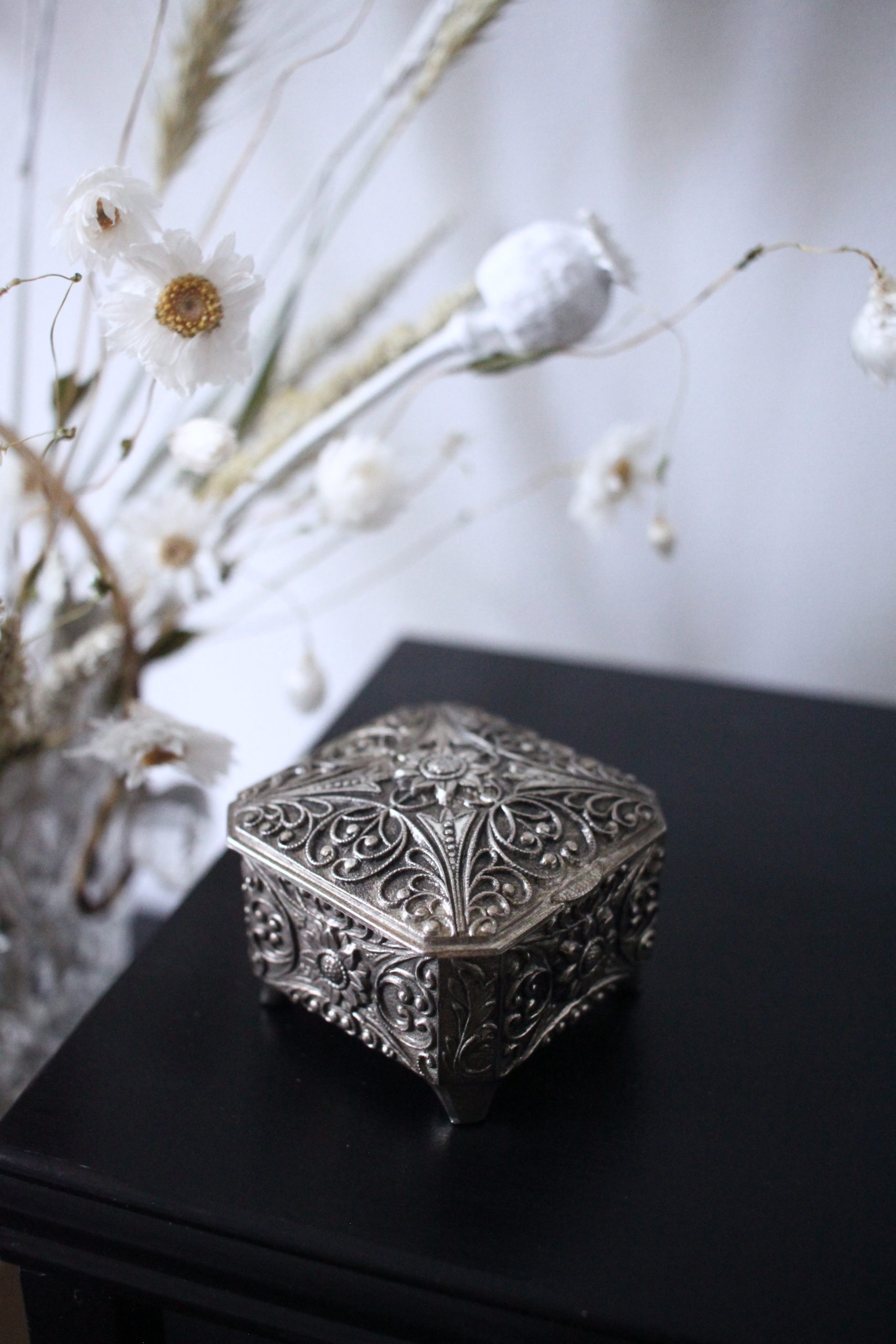 Silver metal ornate box Dried flowers