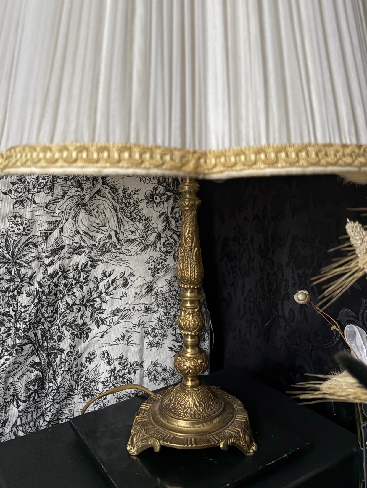 Golden lamp antique pleat shade Jouy cover