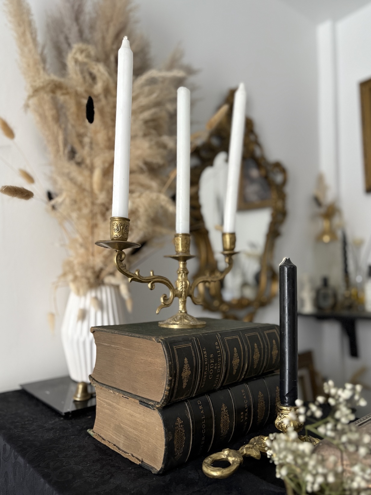 Green old books Chandelier Gold Candles