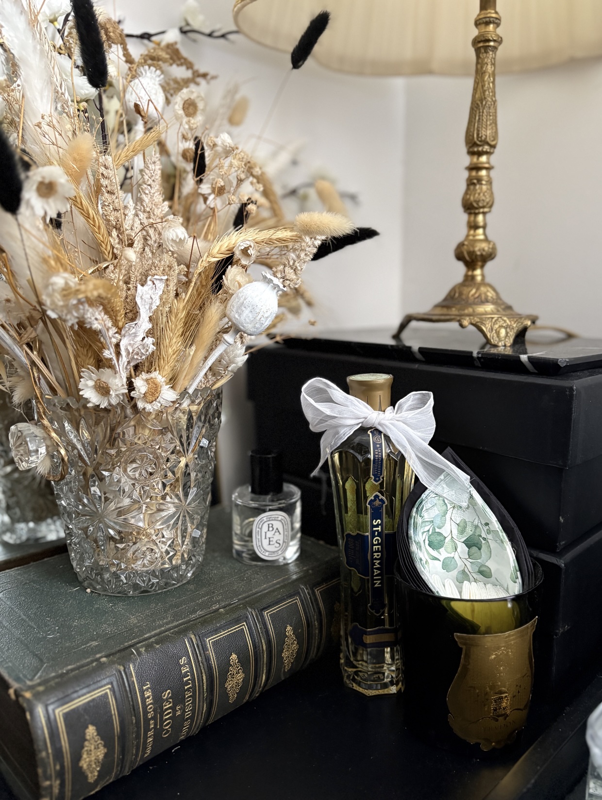 Saint Germain drink Vintage book Cire Trudon candle pot