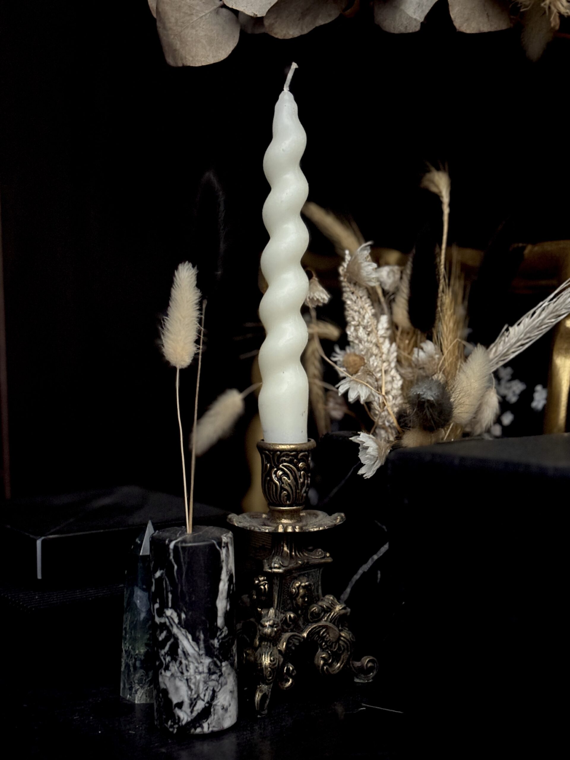 Spiral white candle Golden vintage holder