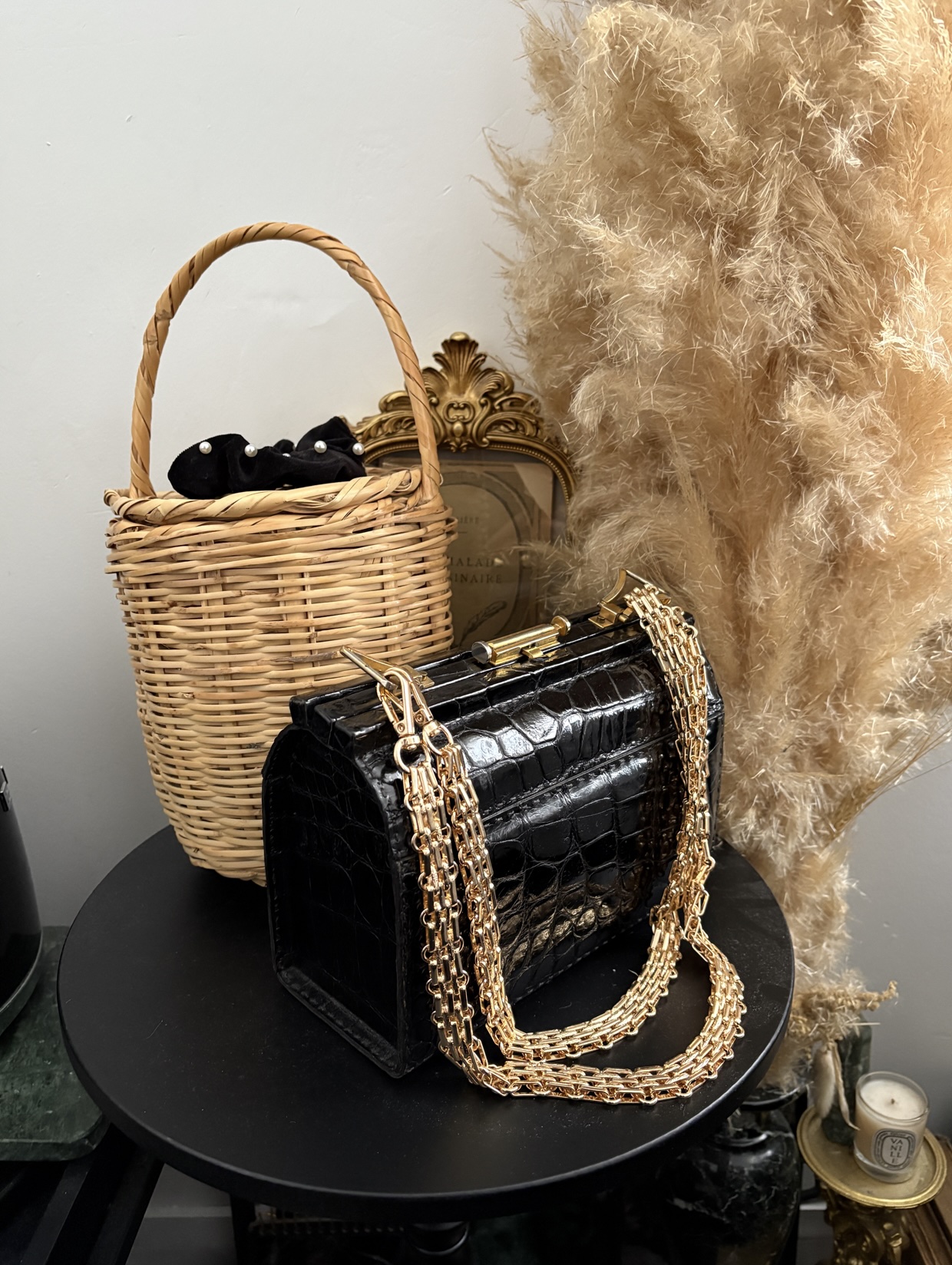 Vintage bags wicker basket Dried flowers